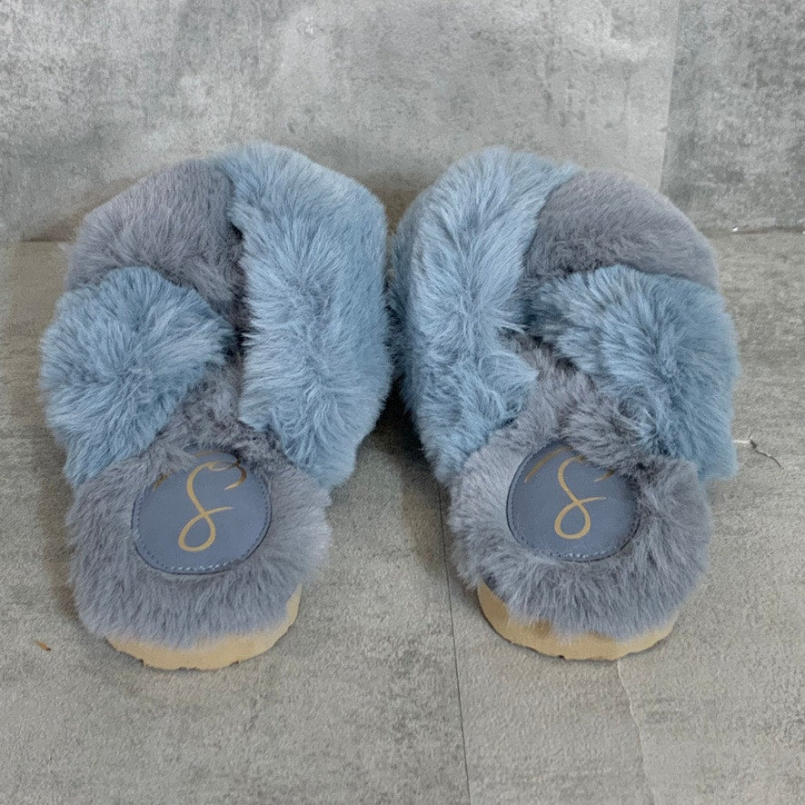 SAM EDELMAN Blue Grey Faux Fur Cross Band Jaley Slip-On Slippers SZ 7