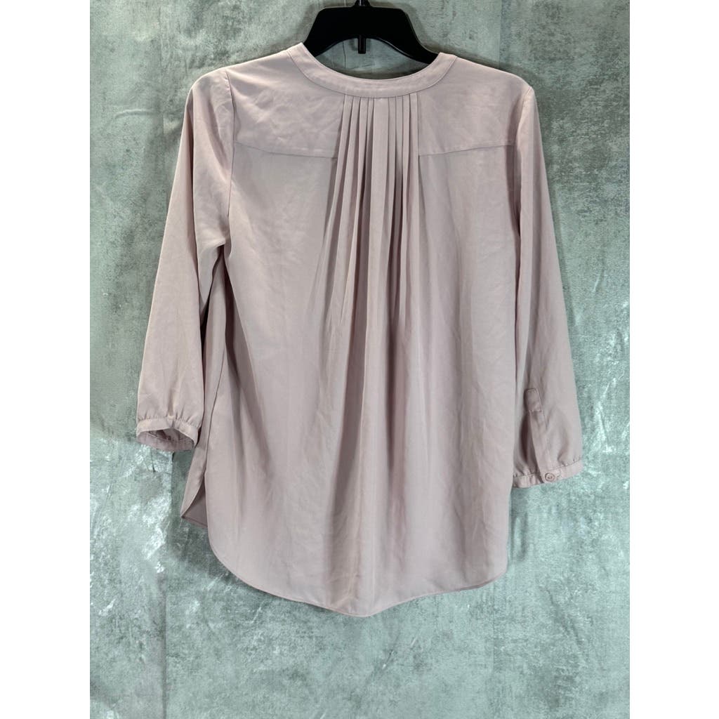 NYDJ Women's Light Pink Pleated Back Half Button Front 3/4 Sleeve Top SZ XS