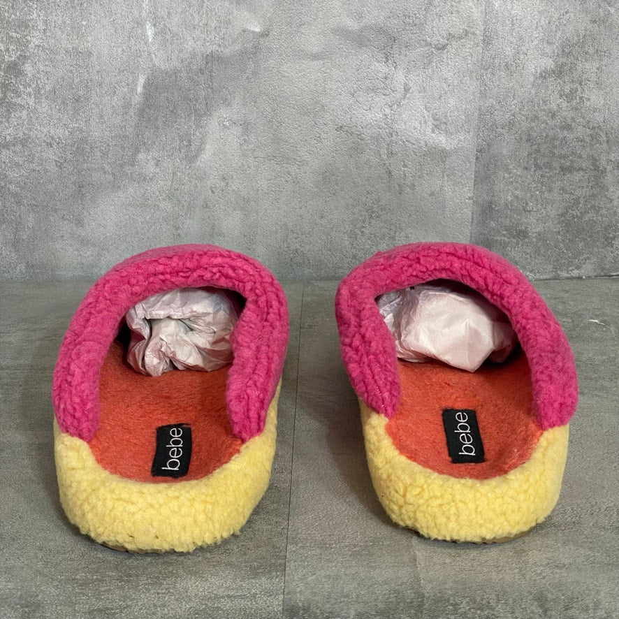 BEBE Fuchsia/Yellow Molly Faux Fur Embellished logo Slip-On Slippers SZ 10