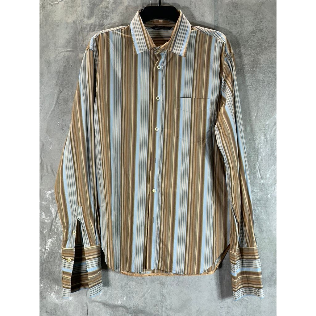 PS. PAUL SMITH Men's Brown/Blue Striped Satin-Trim Wide Cuff Shirt SZ NA