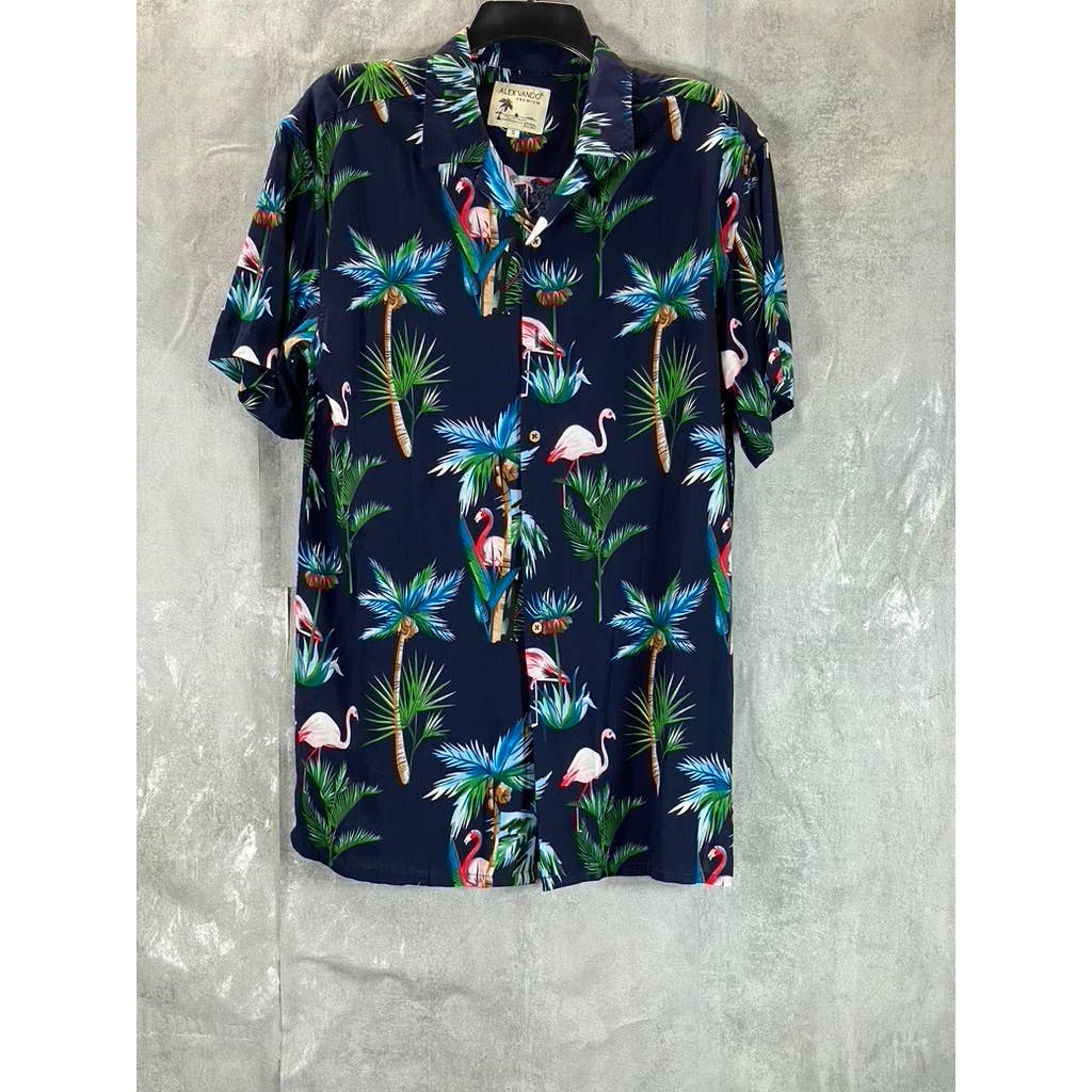 ALEX VANDO Men's Navy Flamingo Hawaiian Button-Up Short Sleeve Shirt SZ S