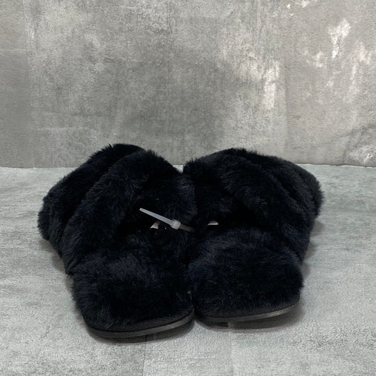 INC INTERNATIONAL CONCEPTS Black Faux-Fur Cross Band Slide Slippers SZ M (7-8)