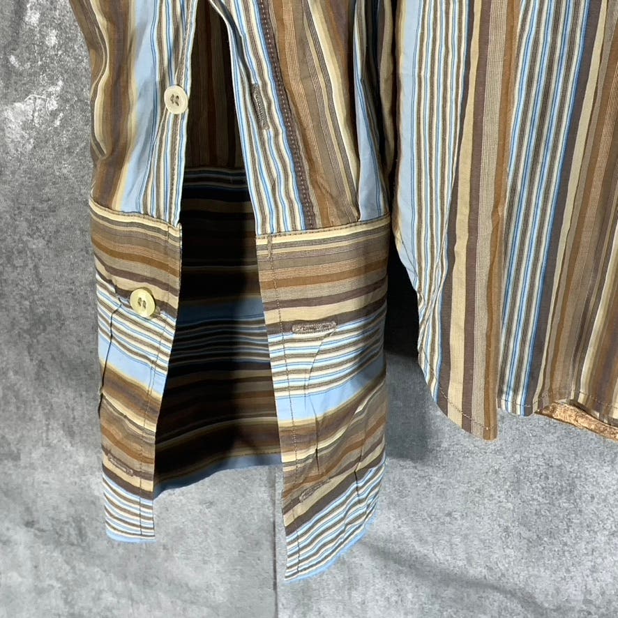 PS. PAUL SMITH Men's Brown/Blue Striped Satin-Trim Wide Cuff Shirt SZ NA