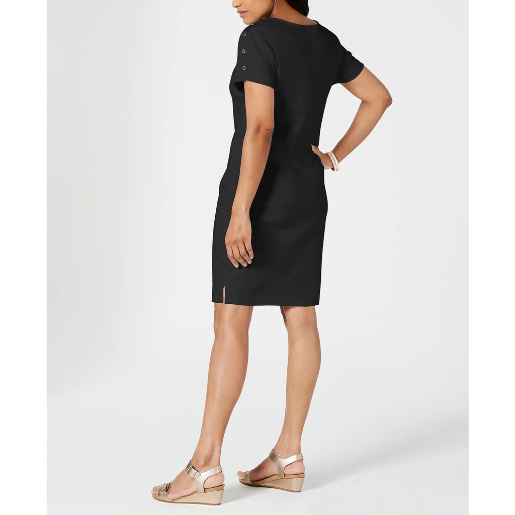 KAREN SCOTT Sport Women's Deep Black 3/4 Button-Shoulder Sleeve Pullover Dress SZ S