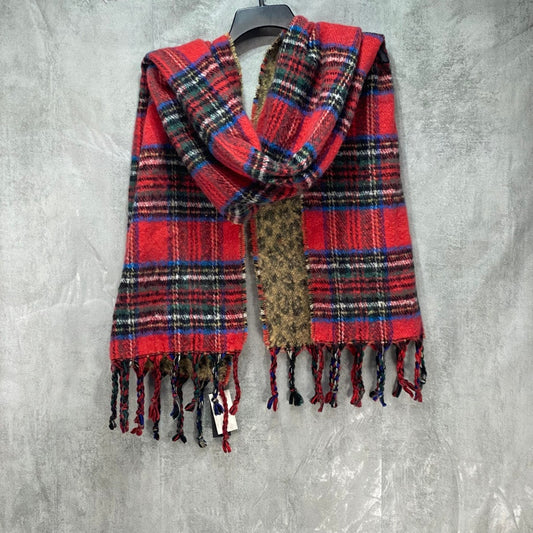 STEVE MADDEN Red Plaid & Animal Print Reversible Blanket Scarf OS