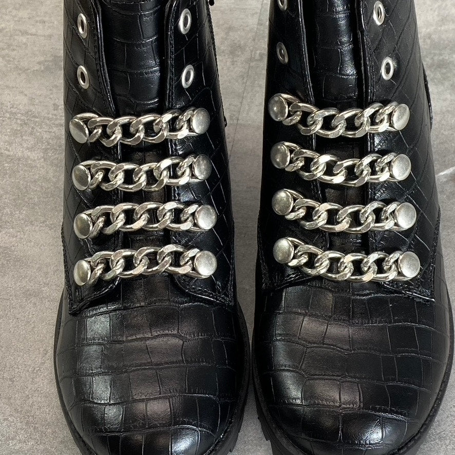 SUGAR Women's Black Croc Embossed Obvi Combat Memory Foam Block Heel Boots SZ6.5