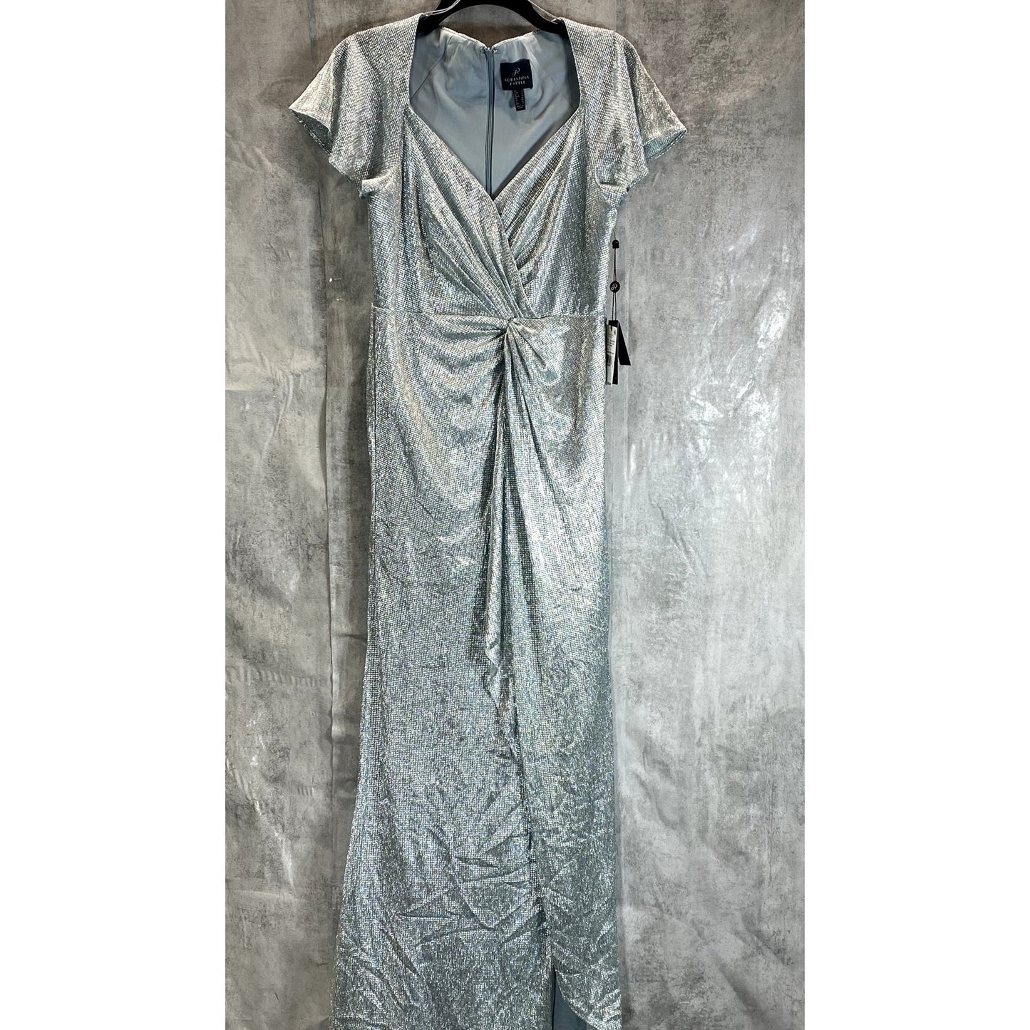 ADRIANNA PAPELL Women's Sea Glass Metallic Mesh Twist Short Sleeve Maxi Gown SZ6