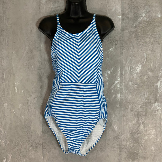 TOMMY BAHAMA White Palm Party Stripe High Neck Back Tie Closure One-Piece Pull-On Bathing Suit SZ 12