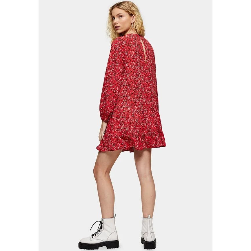 TOPSHOP Red Printed Round Neck Long Sleeve Ruffle Mini Dress SZ 8