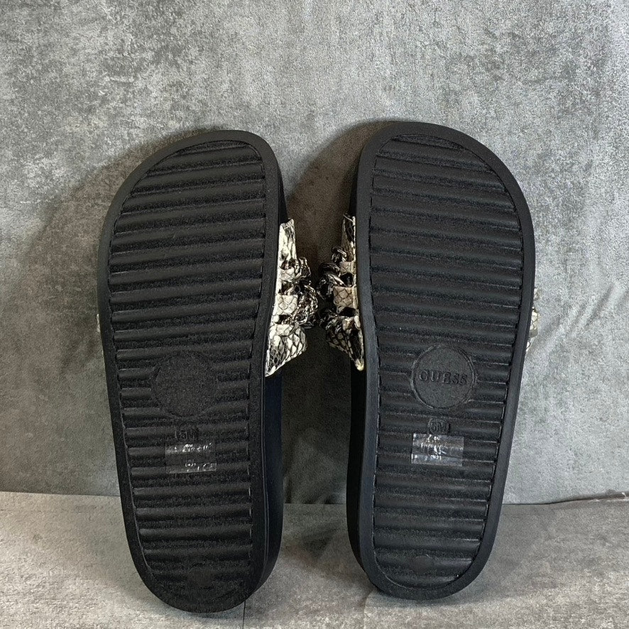 GUESS Women's Tan Animal Embossed Salema Chain Detail Slide Pool Sandals SZ 5