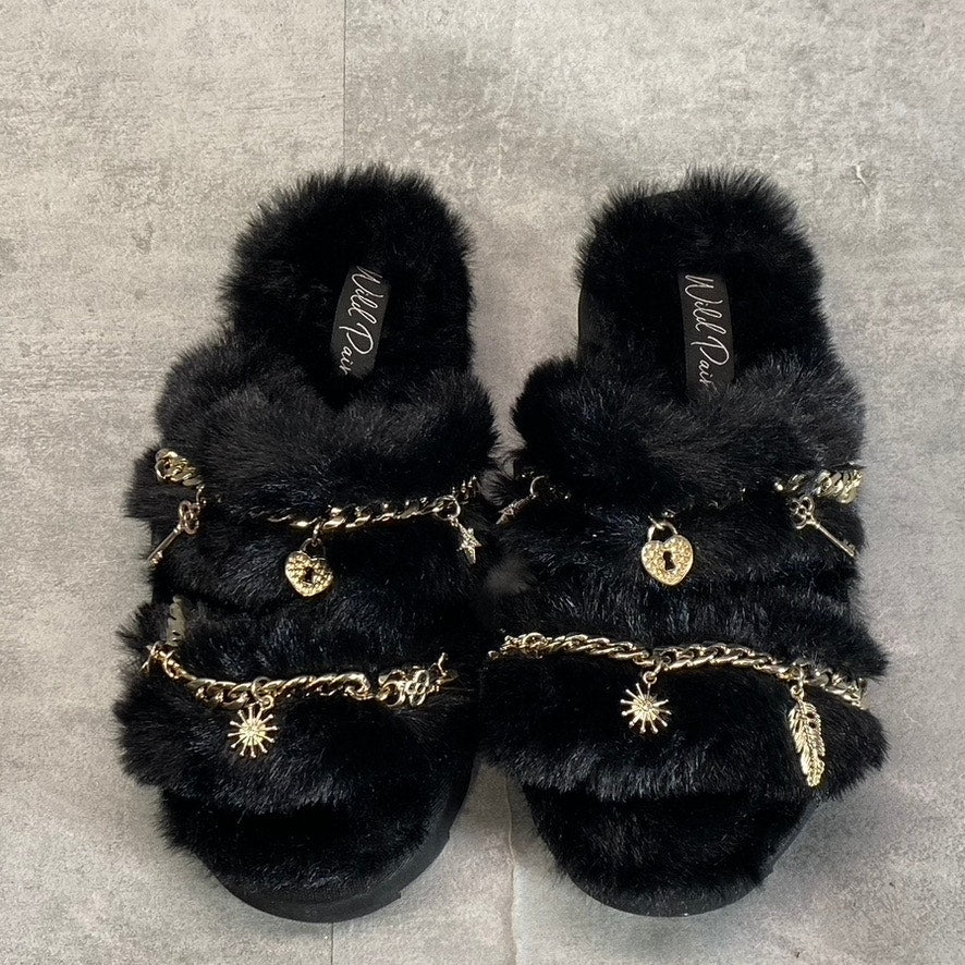 WILD PAIR Women's Black Paiyge Chain Faux-Fur Slide Slip-On Slippers SZ 6
