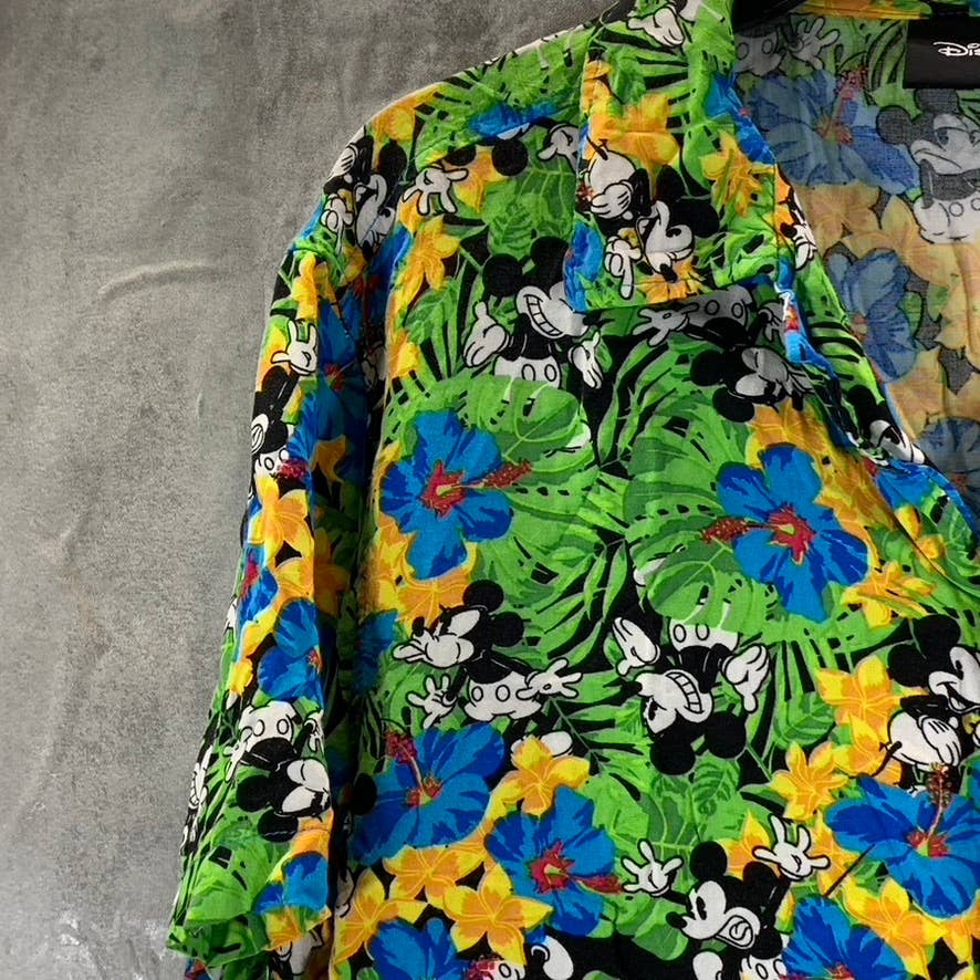 DISNEY Men's Green Mickey-Mouse Tropical Button-Up Short-Sleeve Shirt SZ M