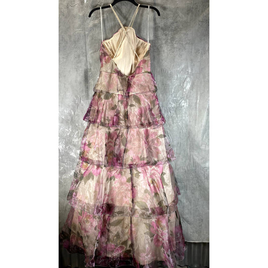 SPEECHLESS Juniors' Grey/Fuchsia Organza Floral-Print Tiered Halter Dress SZ 9