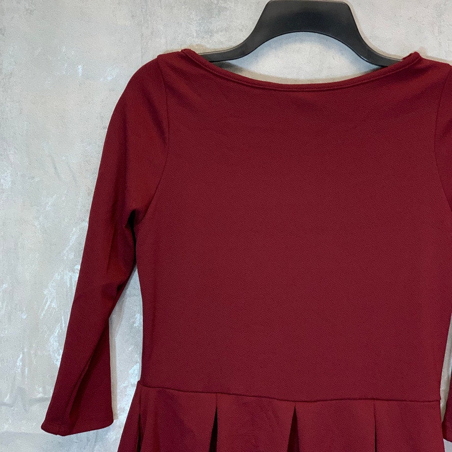 24/7 COMFORT APPAREL Women's Burgundy 3/4 Sleeve Fit & Flare Two-Pocket Mini Dress SZ M