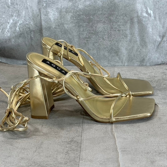 AQUA Women's Gold Metallic Leah Ankle Tie Square-Toe Block-Heel Sandals SZ 8.5