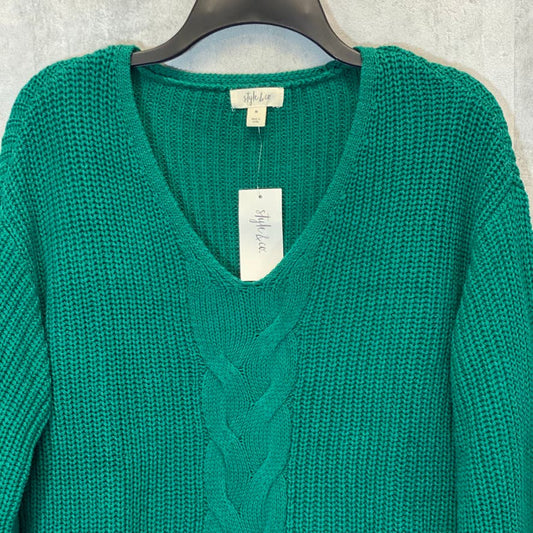 STYLE & CO Women's Aventurine Cable-Knit Ribbed Cuff V-Neck Pullover Sweater SZ M