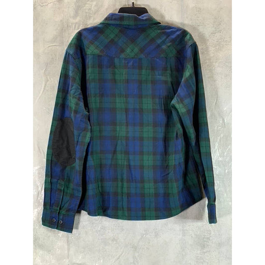 GOODFELLOW & CO Men's Blue/Green Plaid Flannel Standard-Fit Elbow-Patch Shirt