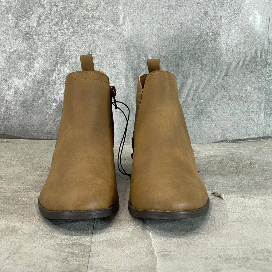 SUN+STONE Women's Tan Cadee Memory Foam Slip-On Block Heel Ankle Booties SZ 5.5