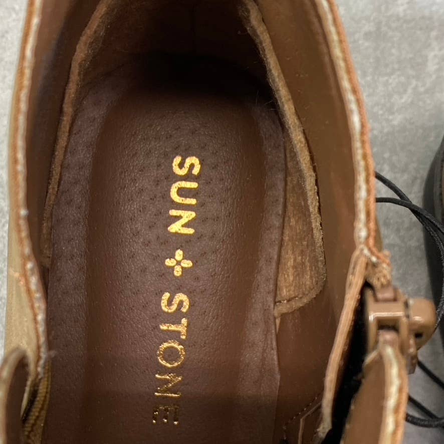 SUN+STONE Women's Tan Cadee Memory Foam Slip-On Block Heel Ankle Booties SZ 5.5