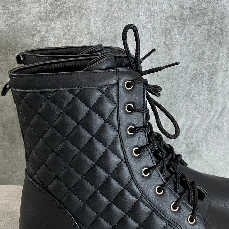 OLIVIA MILLER Women's Black Alexandria Quilted Lug Sole Lace-Up Combat Boots