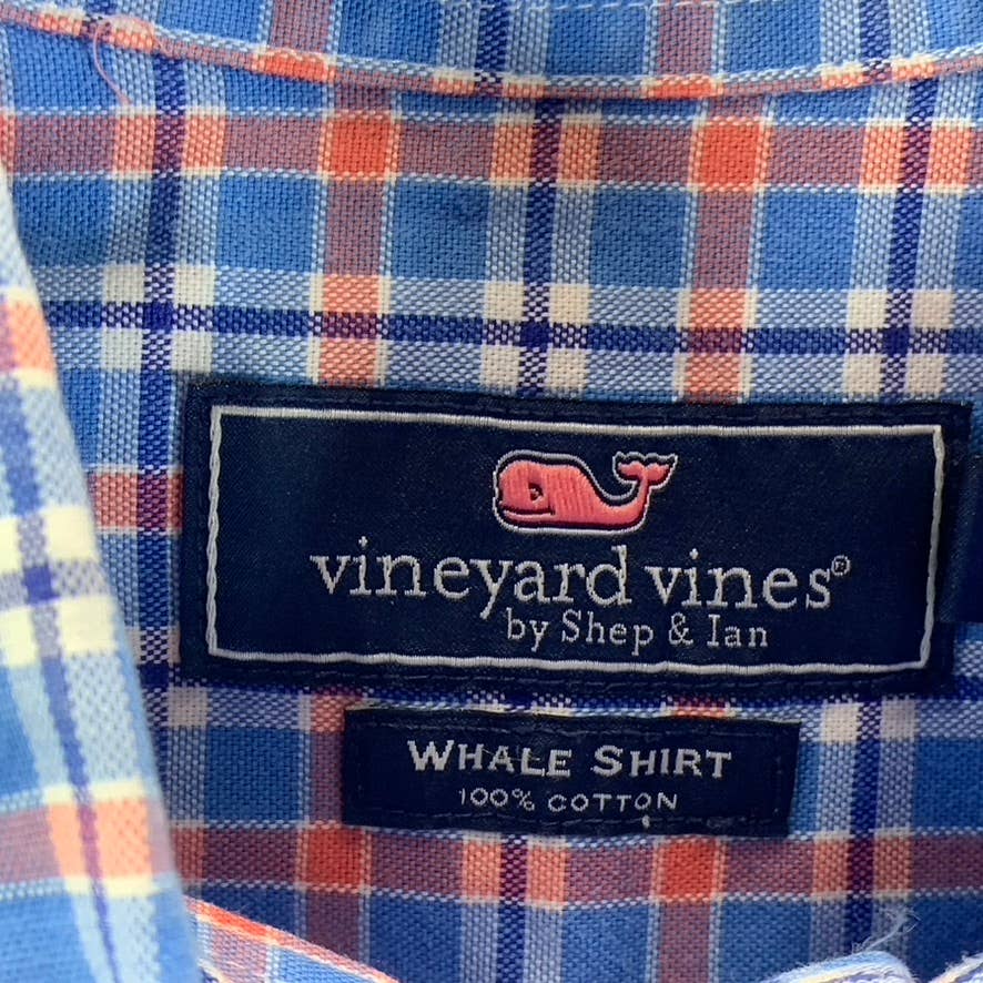 VINEYARD VINES Men's Blue/Orange Plaid Classic-Fit Button-Up Whale Shirt SZ L