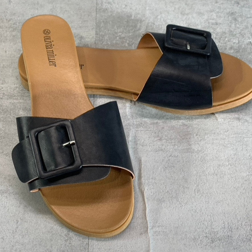 OLIVIA MILLER Women's Black Mia Buckle Round-Toe Slide Sandals SZ 10