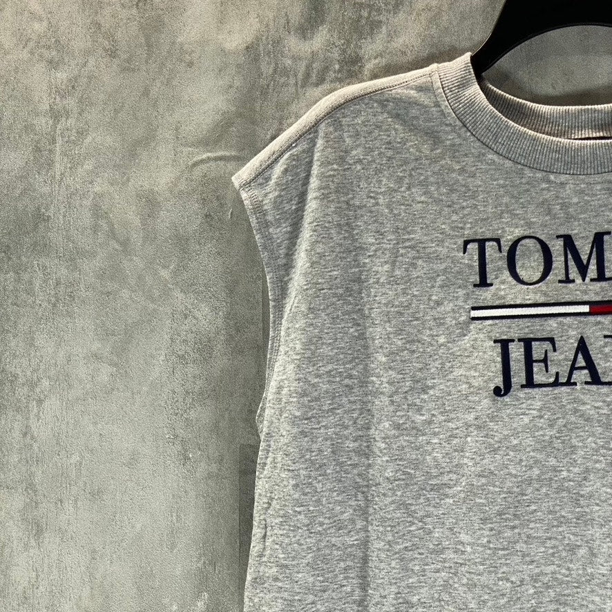 TOMMY JEANS Women's Stone Grey Heather Crewneck Cap-Sleeve Logo Mini Dress SZ M