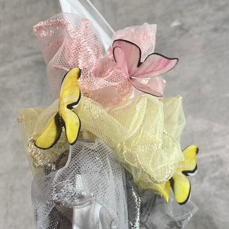 BP. Women's Pink-Yellow-Gray Mesh 3D Butterfly 3-Piece Hair Scrunchies SZ OS