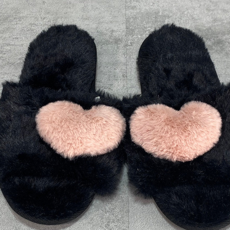 JENNI Black Open-Toe Faux-Fur Heart Slides SZ M (7-8)