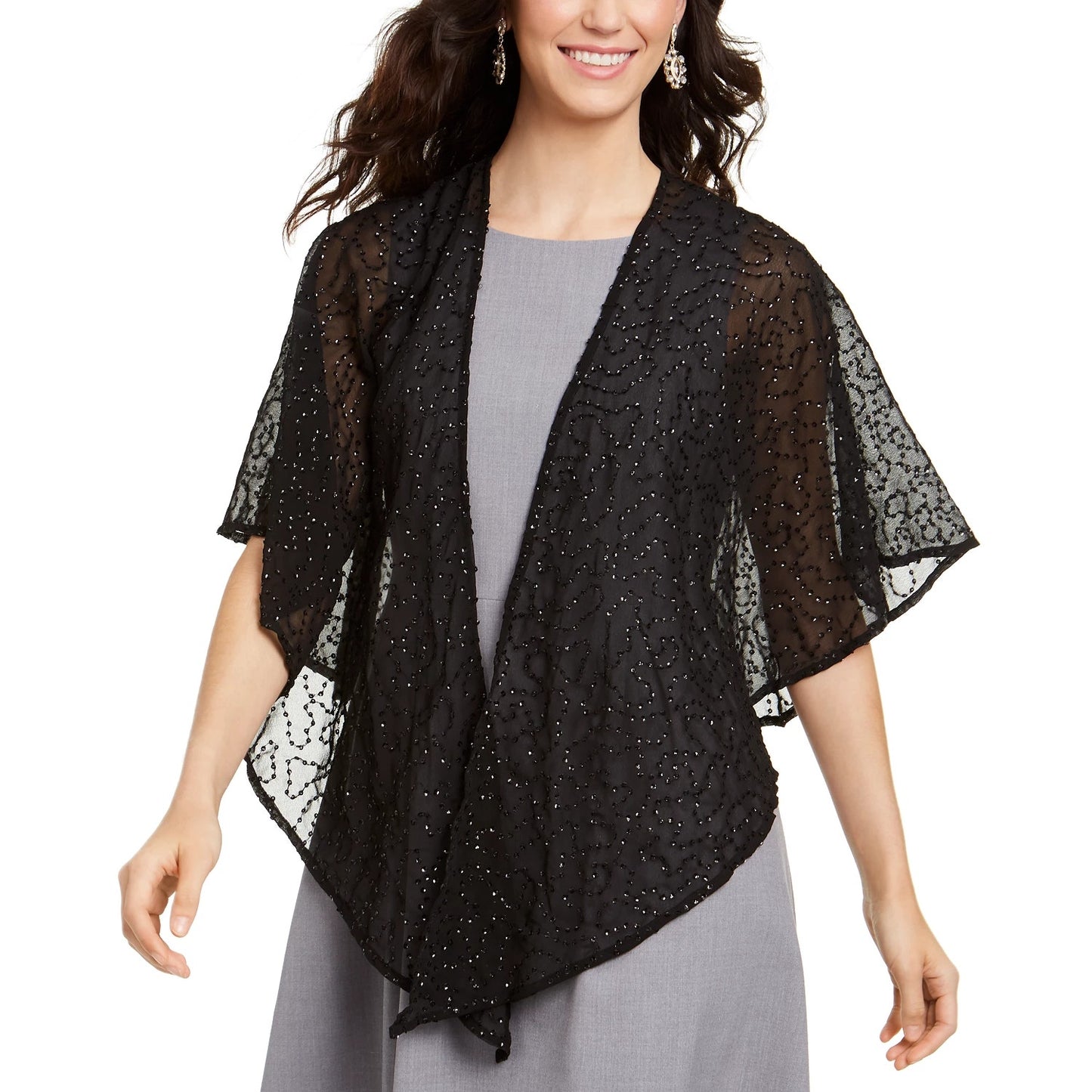 CEJON Black Squiggle-Sequin Draped Shawl OS