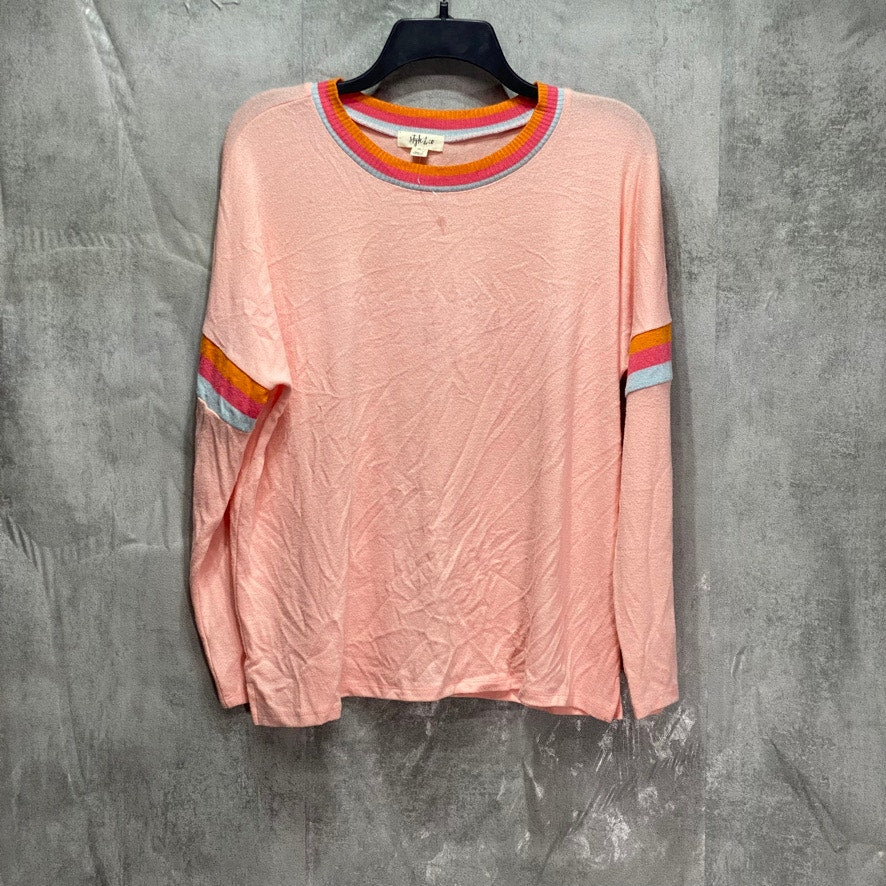 STYLE & CO Petite Pink Striped Neck & Sleeve Crewneck Pullover Sweater SZ P/L