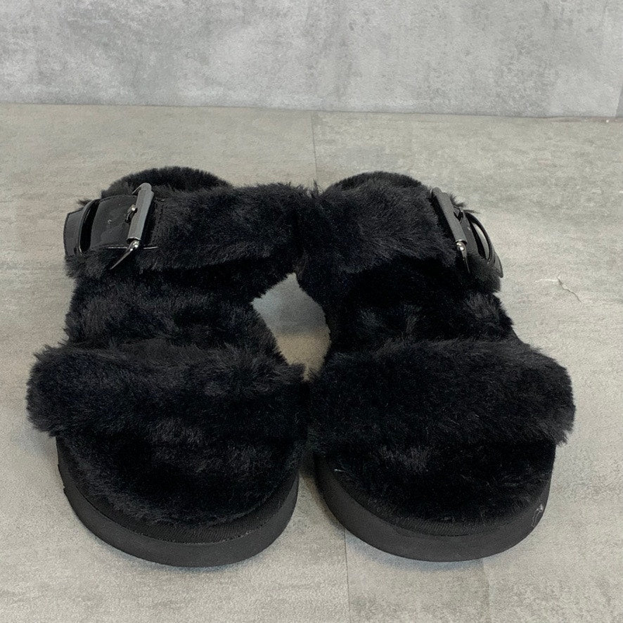 NINE WEST Black Faux Fur Adjustable Strap Platform Slide Sandals SZ 9