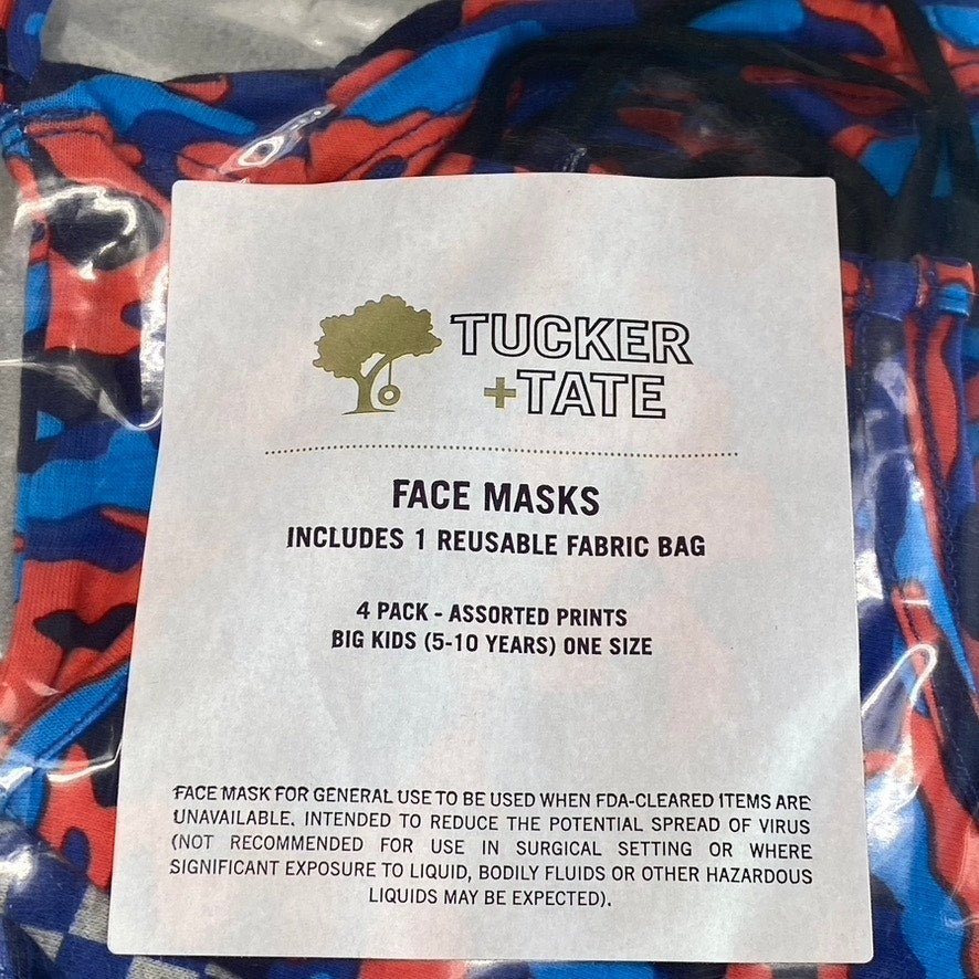 TUCKER + TATE Kids' Blue Combo Assorted Print 4-Piece Mask W/ Fabric Bag SZ 5-10