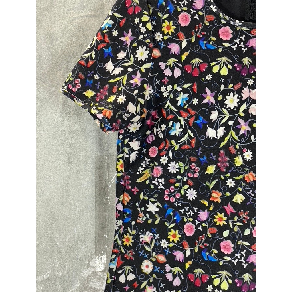 CYNTHIA ROWLEY Women's Black Floral Print Crewneck Short Sleeve Mini  Dress SZ 6
