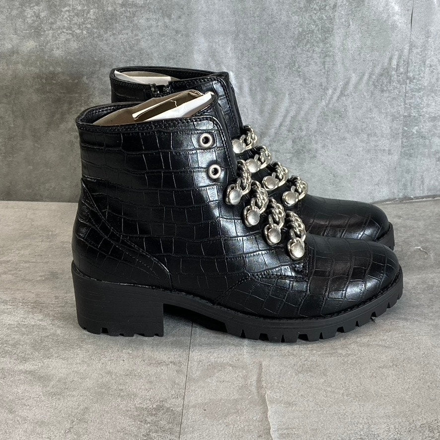 SUGAR Women's Black Croc Embossed Obvi Combat Memory Foam Block Heel Boots SZ6.5