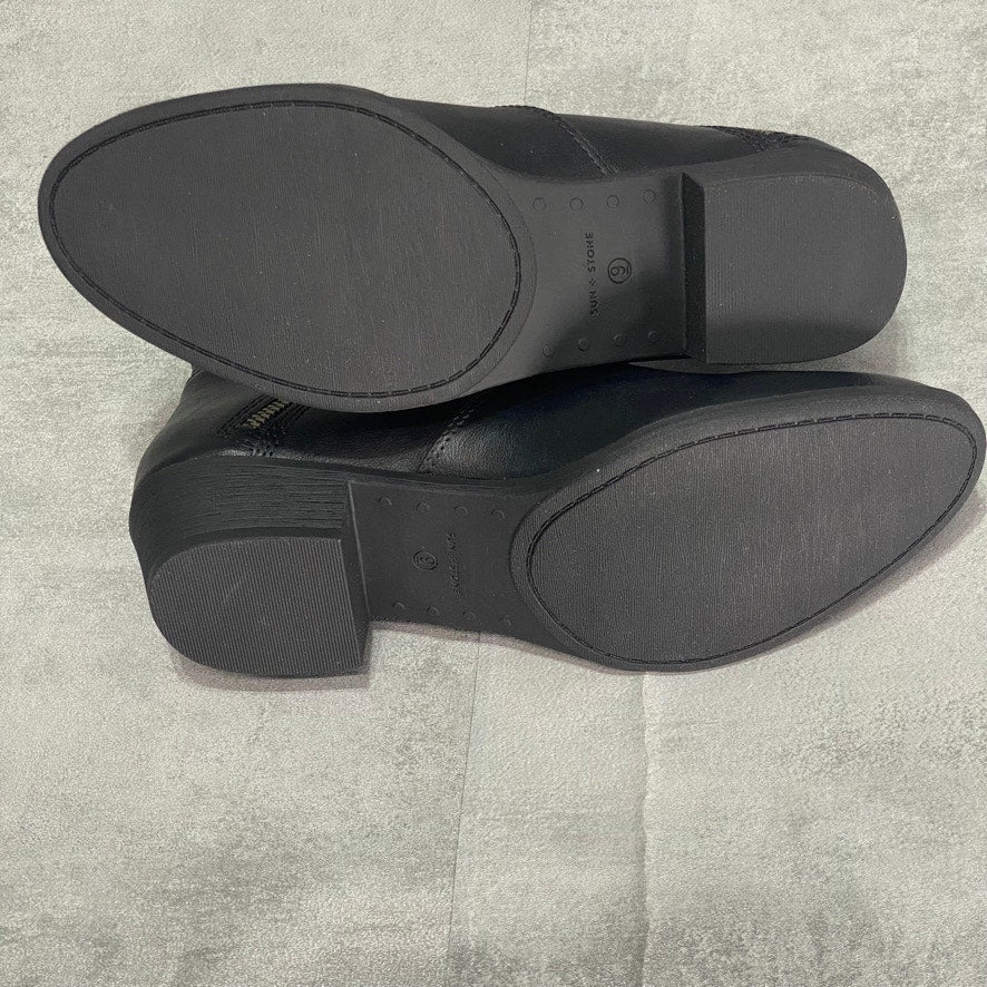 SUN + Stone Black Double Zip Block Heel Ankle Booties SZ 9