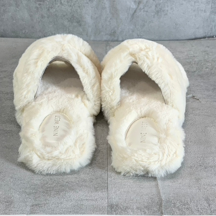 NINE WEST Women's Light Natural Fabric Cozy Faux-Fur Cross Band Slide Sandals