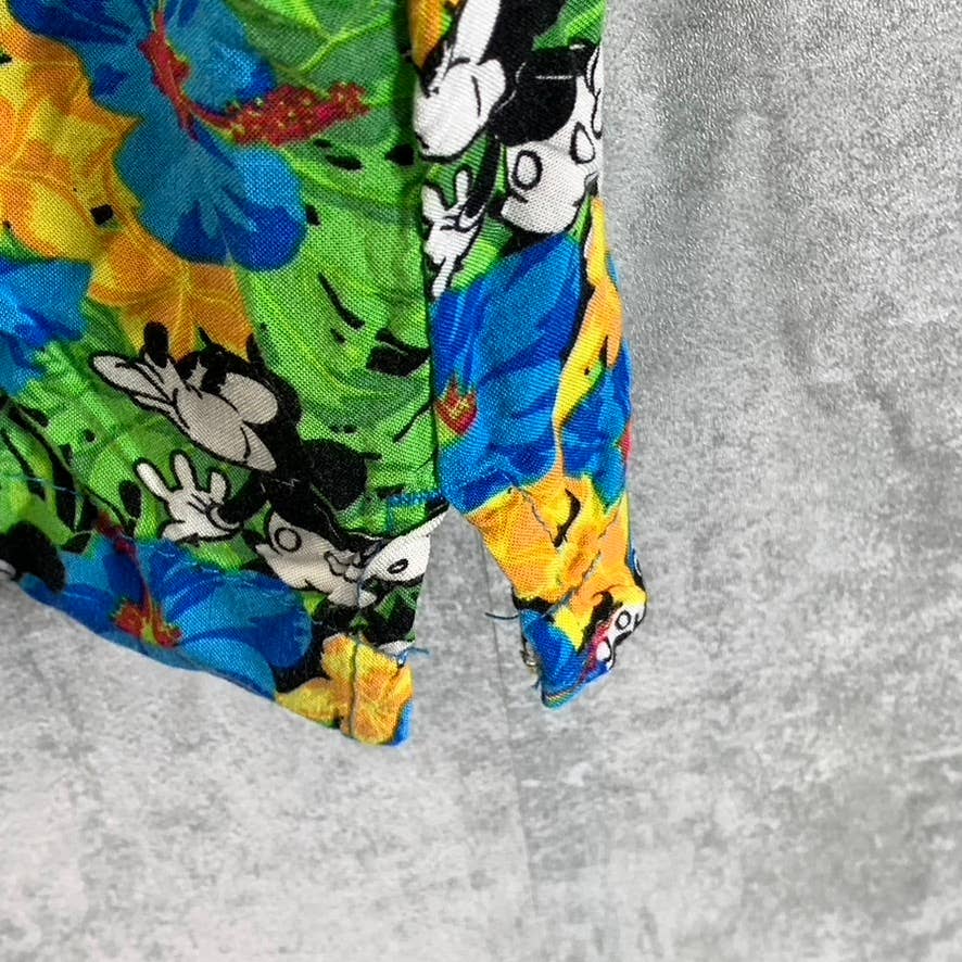 DISNEY Men's Green Mickey-Mouse Tropical Button-Up Short-Sleeve Shirt SZ M