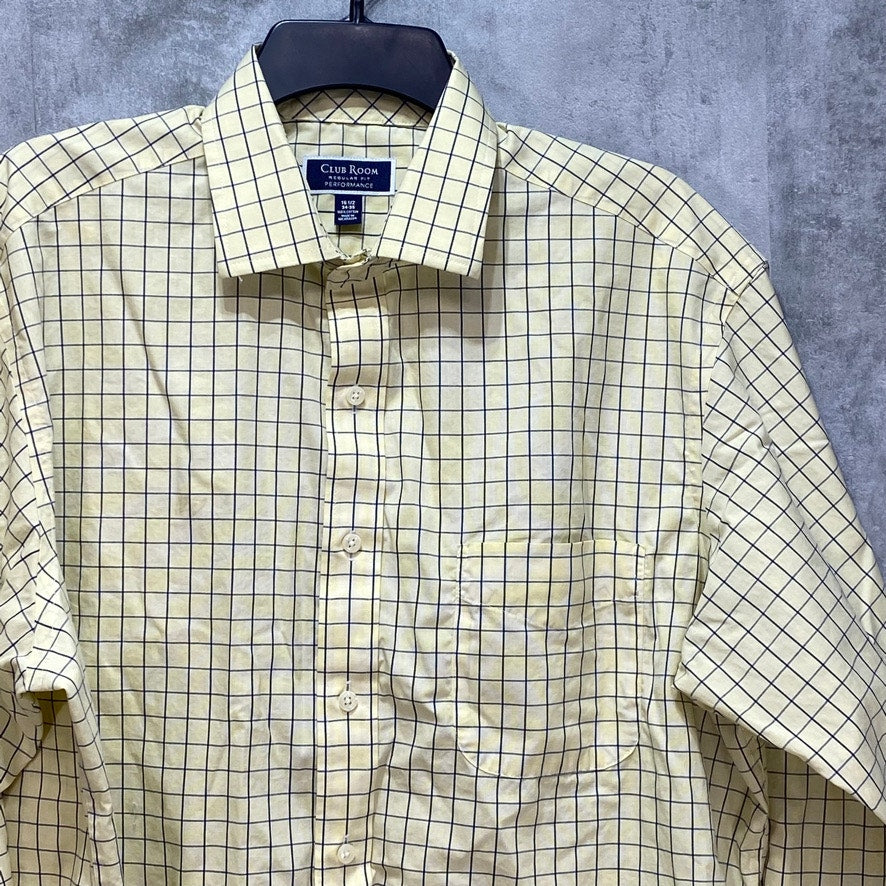 CLUB ROOM Yellow Regular-Fit Performance Stretch Long Sleeve Windowpane Dress Shirt SZ 16.5 34-35