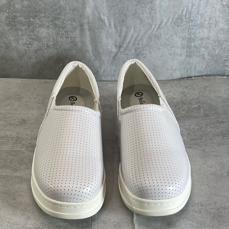 BELLA-VITA Women's Extra Wide White Leather Perforated Maribel Slip-On Sneakers