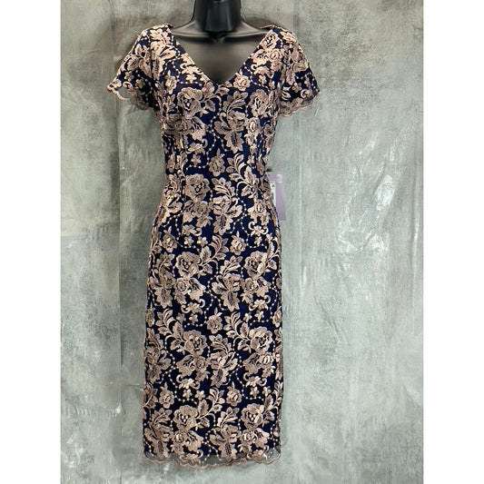 JS COLLECTION Women's Navy/Latte V-Neck Floral Embroidered Scalloped Trim Dress