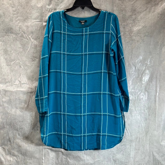 ALFANI Women's Blue Windowpane Chiffon Scoop-Neck Long-Sleeve Tunic Top SZ S