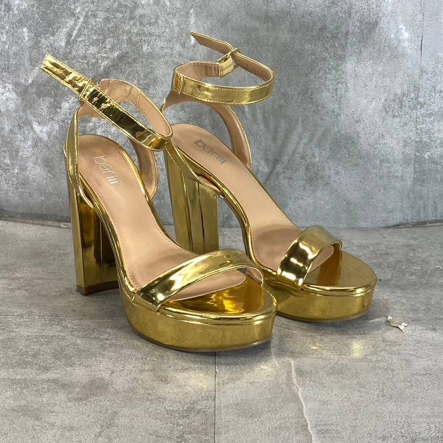 BAR III Women's Gold Patent Ivy Ankle-Strap Platform Stiletto Sandals SZ 5.5