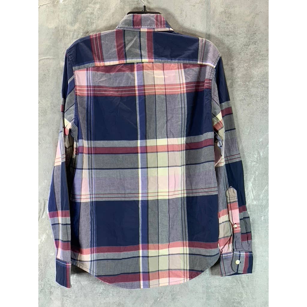 ABERCROMBIE & FITCH Men's Navy/Pink Madras Large Check Button-Up Shirt SZ M