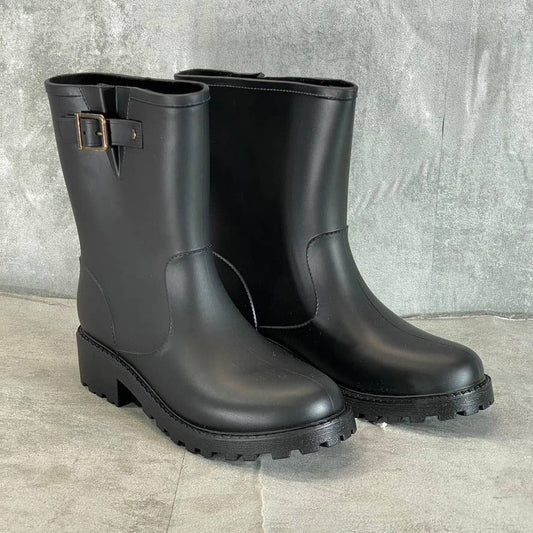 STYLE & CO Women's Black Millyy Buckled Cold-Weather Slip-On Rain Boots SZ 6