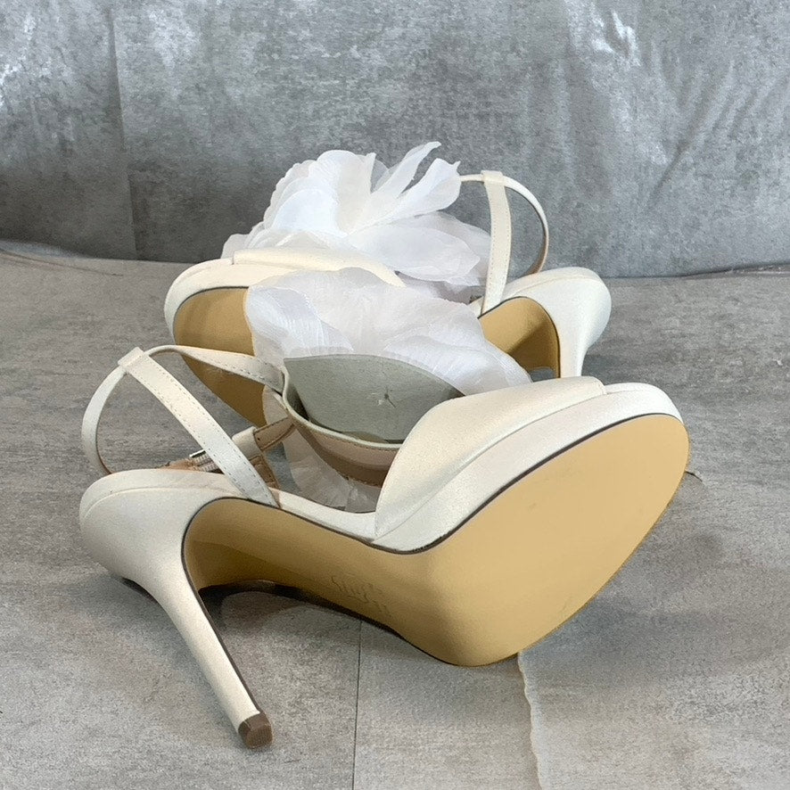 NINA Women's Ivory Luster Satin Brijida 3D-Flower T-Strap Platform Sandals SZ 6