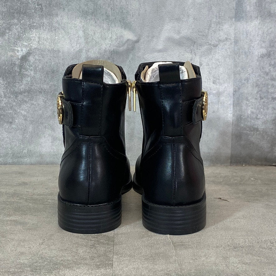 TOMMY HILFIGER Black Rezin Logo Buckle Zip-Up Block Heel Ankle Boots SZ 6.5