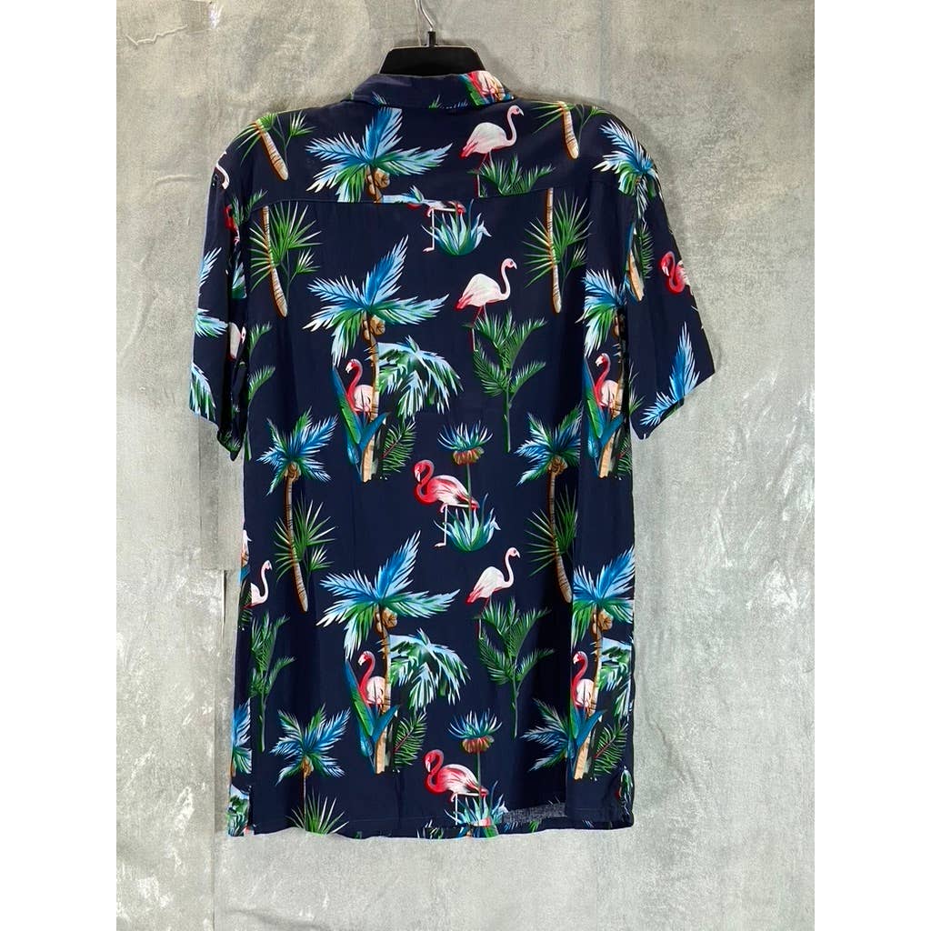 ALEX VANDO Men's Navy Flamingo Hawaiian Button-Up Short Sleeve Shirt SZ S