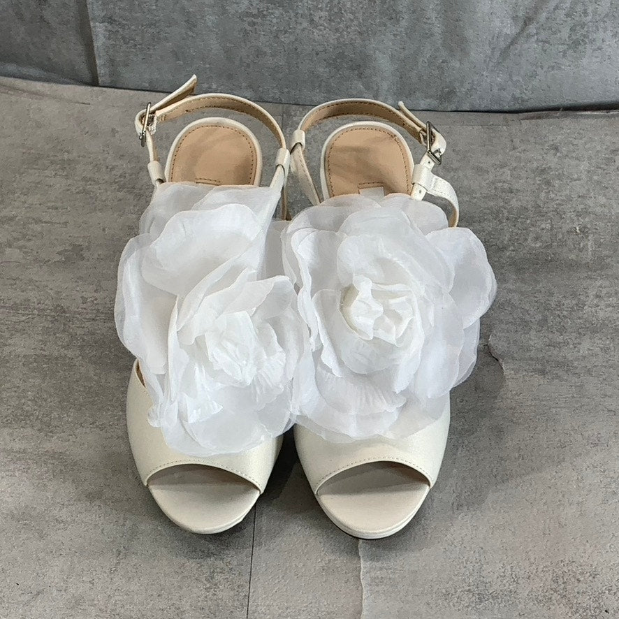 NINA Women's Ivory Luster Satin Brijida 3D-Flower T-Strap Platform Sandals SZ 6