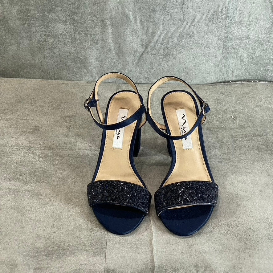 NINA Women's New Navy Satin Haven Rhinestone Ankle-Strap Block-Heel Sandals